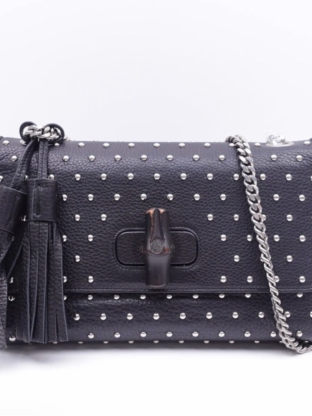 GUCCI Miss Bamboo Black Studded Leather Crossbody Bag Tassel Medium PREOWNED